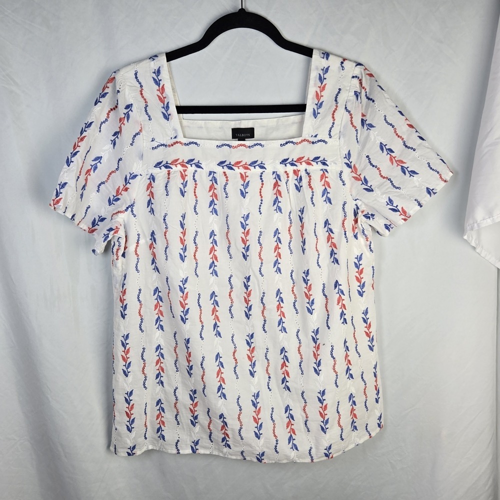 Talbots Americana Eyelet Square Neck Embroidered Cotton Blouse Large Cottagecore